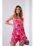 Light patterned dress with a belt, pink and blue 03040 - Online store - Boutique